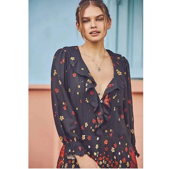 New Free People Talsey Floral Maxi Dress $198 X-SMALL Black Combo Long Sleeve - Picture 2 of 7